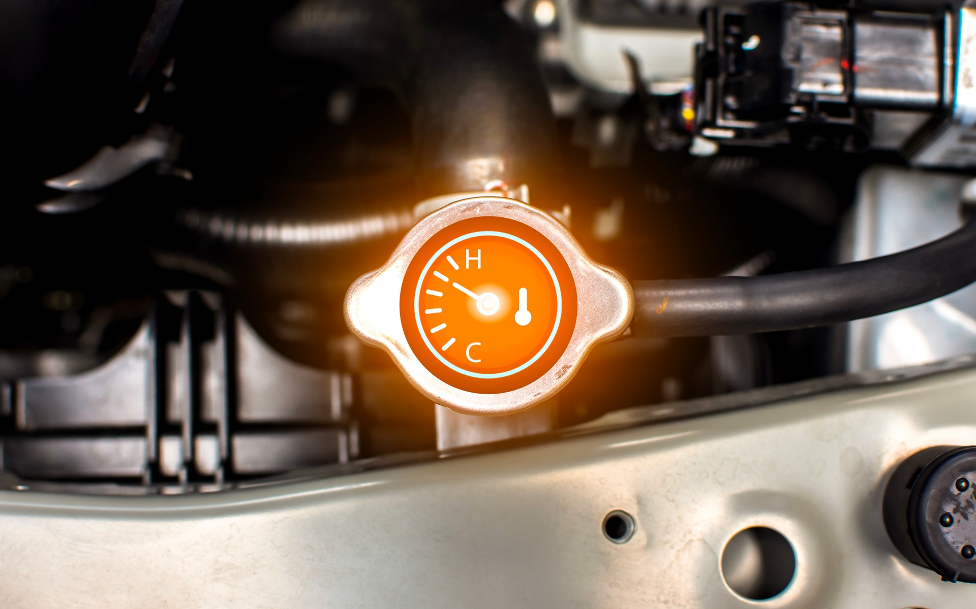 Close up of car radiator cap with temperature water gauge and shows the overheating of the radiator